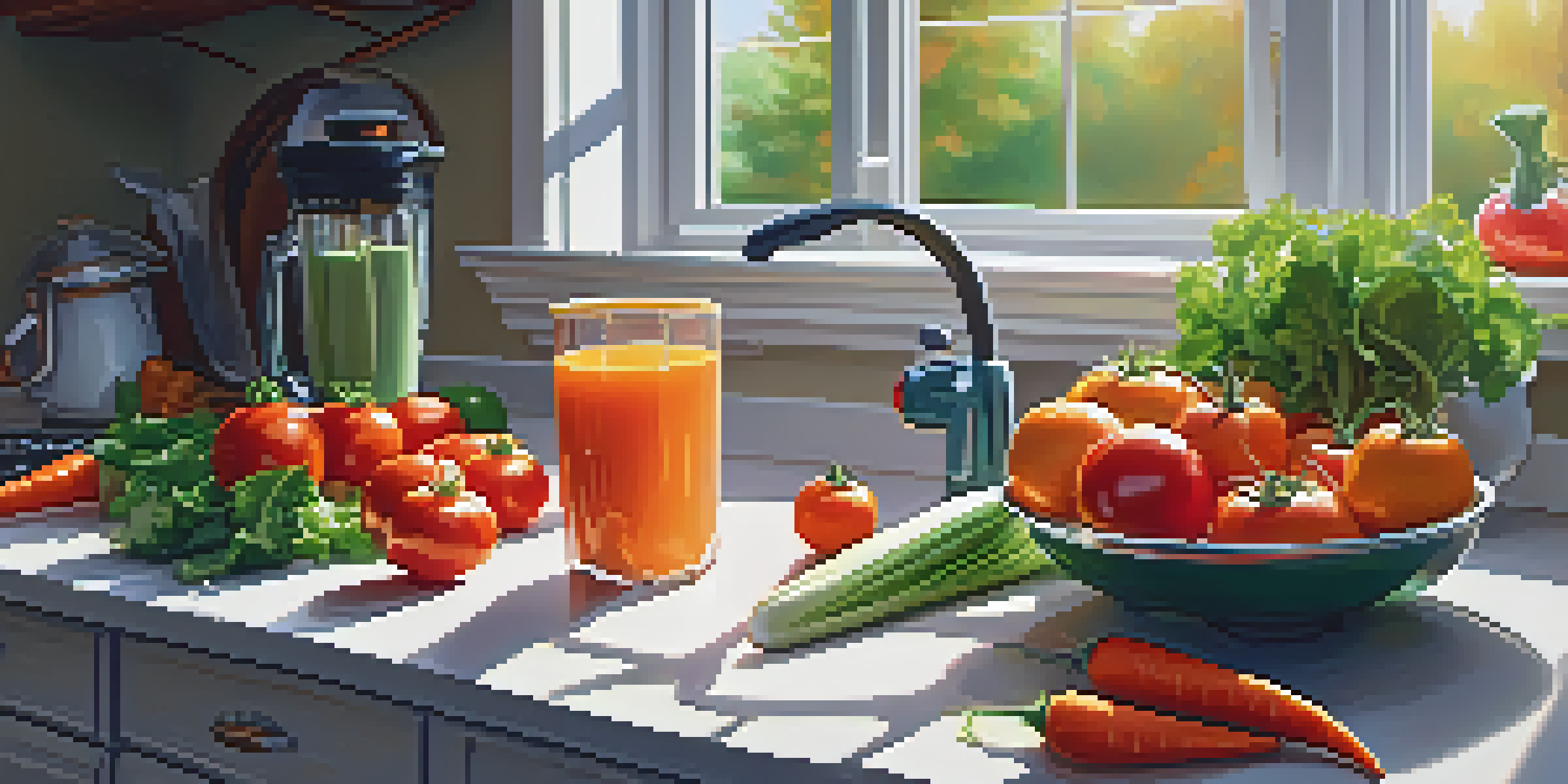 A colorful kitchen scene with a blender and fresh vegetables illuminated by warm sunlight.