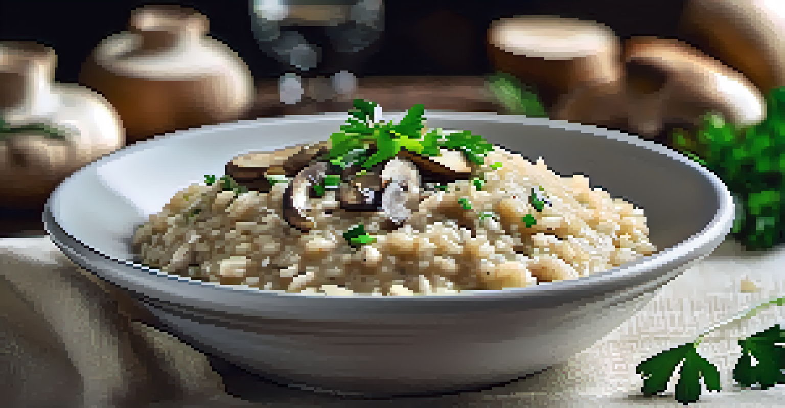 A bowl of creamy mushroom risotto garnished with parsley and parmesan cheese, set in a cozy kitchen atmosphere.