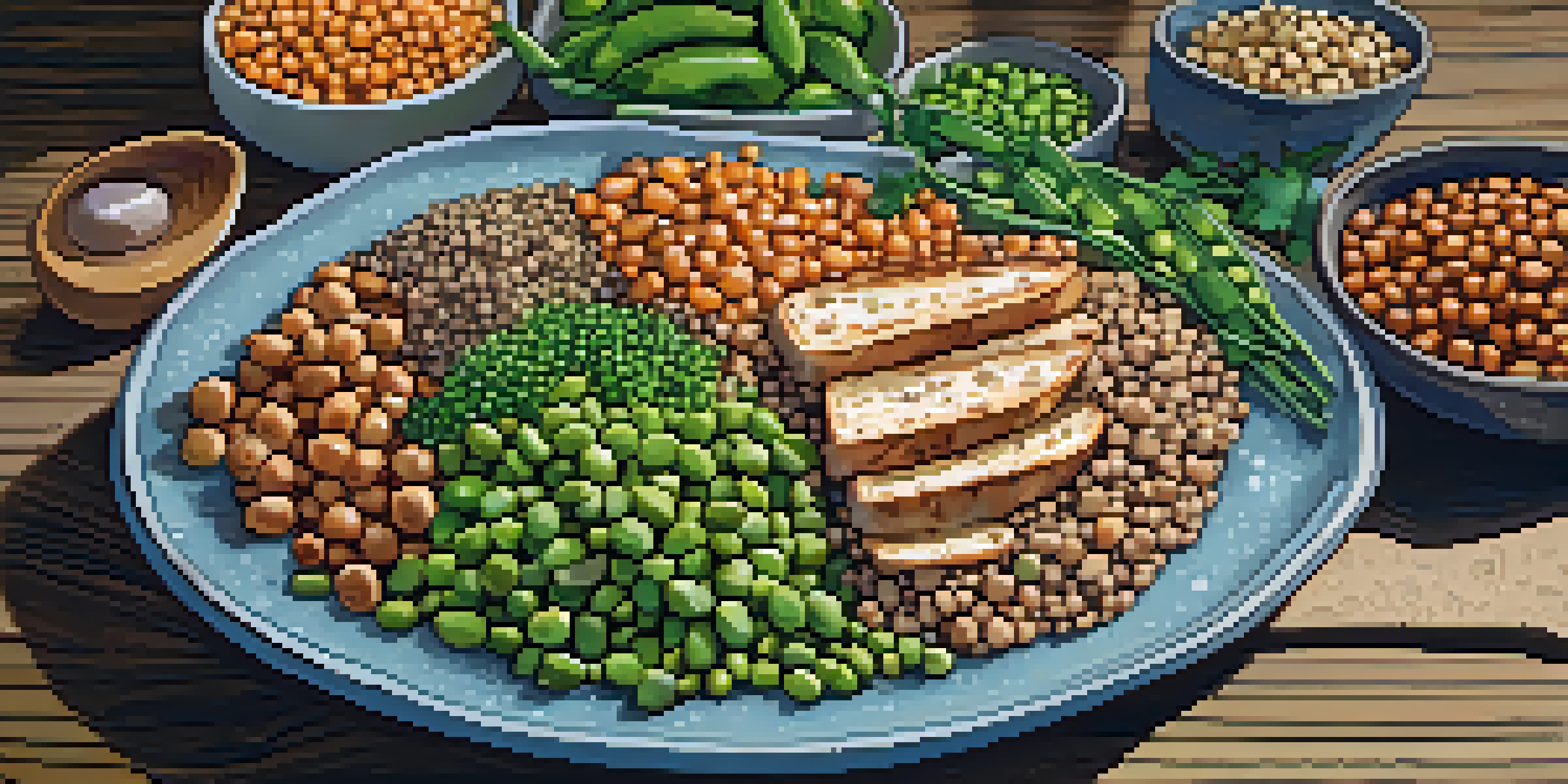 A colorful array of plant-based proteins including lentils, chickpeas, quinoa salad, grilled tofu, and edamame on a wooden table.