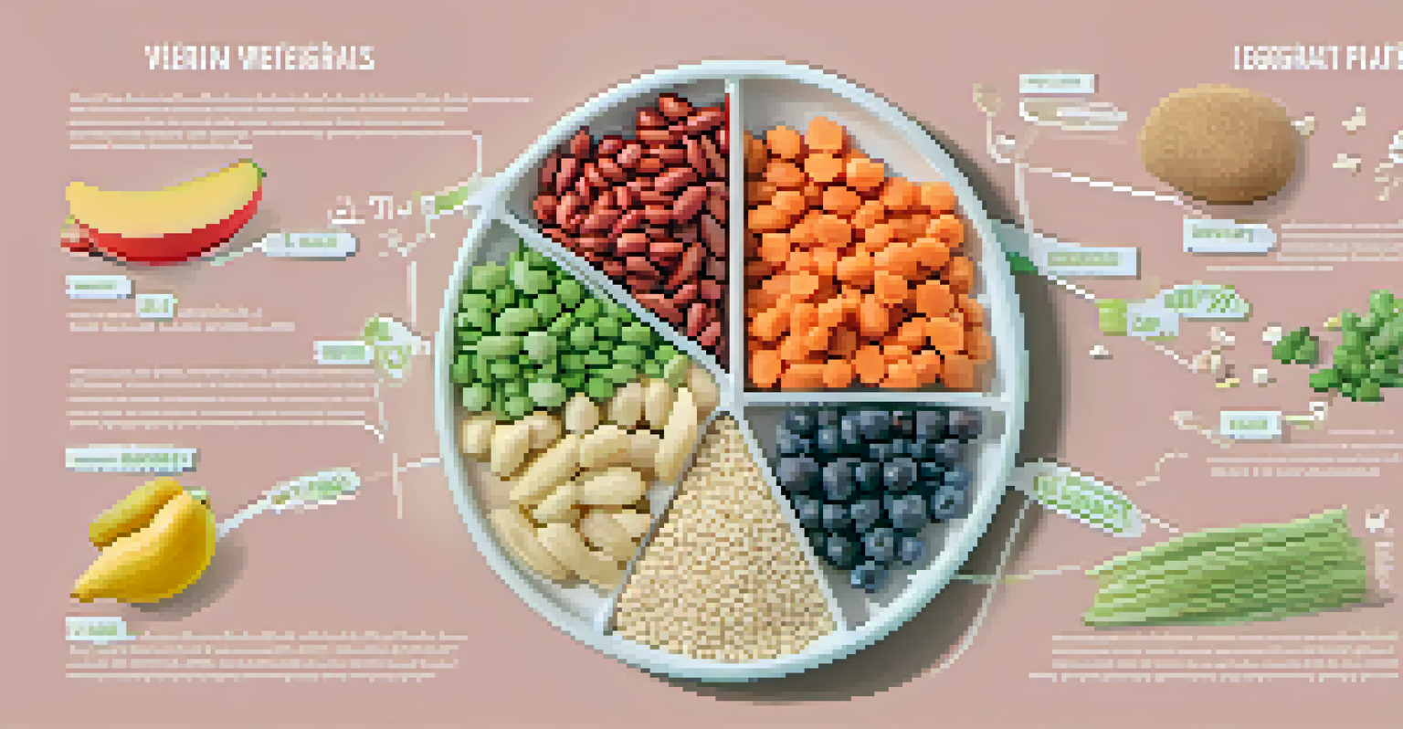 An infographic displaying a balanced vegetarian plate with sections for legumes, grains, fruits, and vegetables, each labeled with fiber content against a soft pastel background.