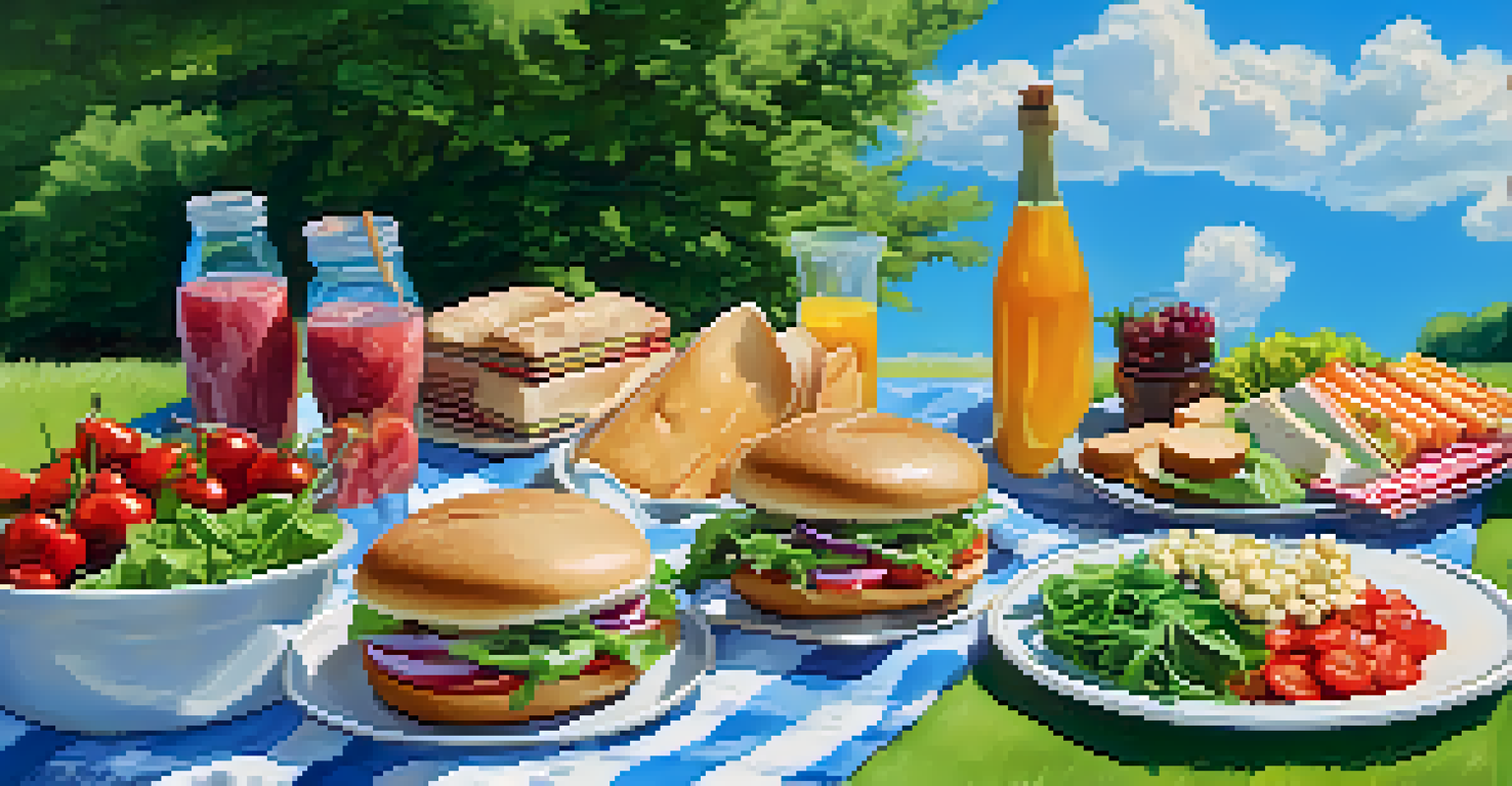 A picnic blanket on green grass featuring a selection of vegetarian foods, set against a backdrop of blue skies.