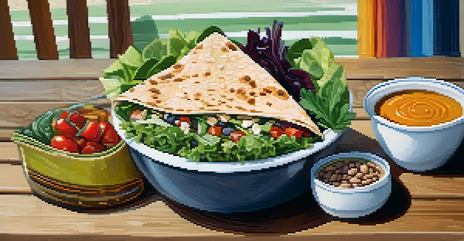 A colorful lunch scene with a salad made from mixed greens and beans, alongside a whole grain tortilla wrap filled with hummus, set on a rustic wooden table.