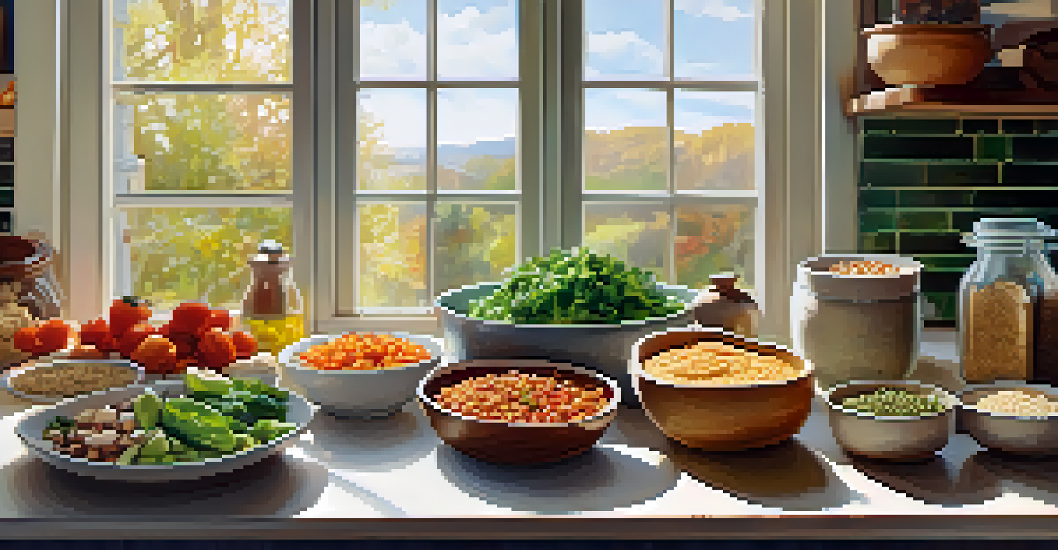 A kitchen countertop displaying prepped vegetarian meal ingredients like chopped vegetables and grains under natural light.