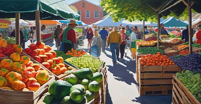 A lively farmer's market filled with colorful fruits and vegetables, people interacting, and soft sunlight filtering through.