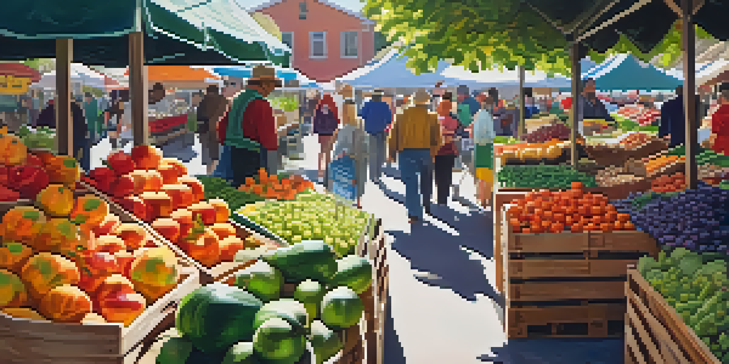 A lively farmer's market filled with colorful fruits and vegetables, people interacting, and soft sunlight filtering through.