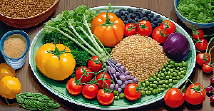 A colorful plate of fresh vegetables, legumes, and grains arranged beautifully, highlighting the diversity of plant-based foods.