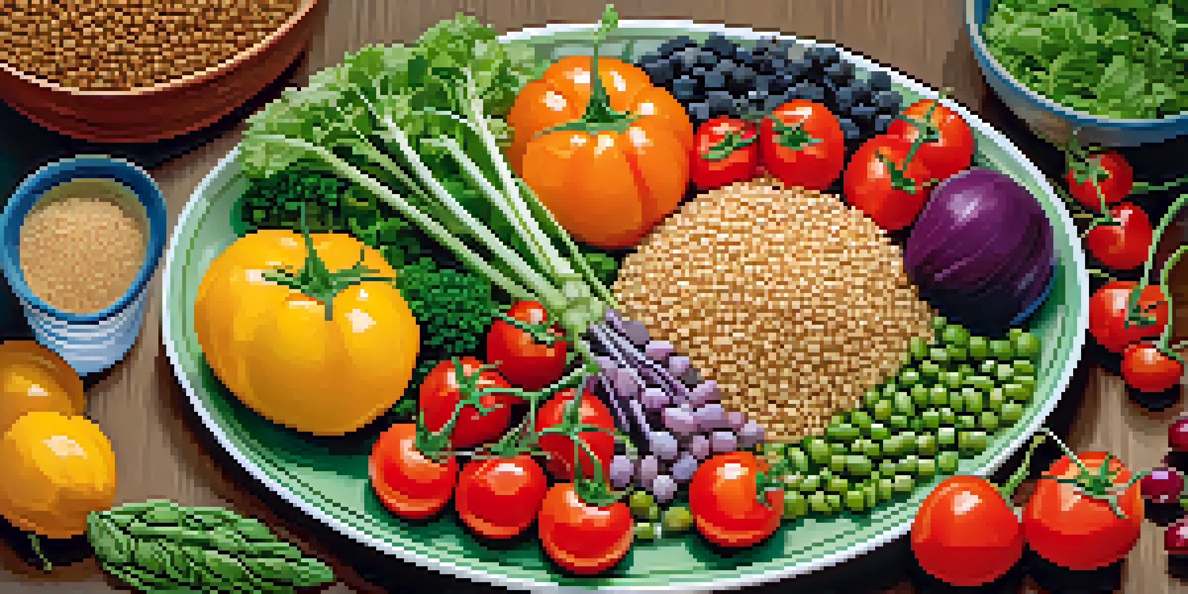 A colorful plate of fresh vegetables, legumes, and grains arranged beautifully, highlighting the diversity of plant-based foods.