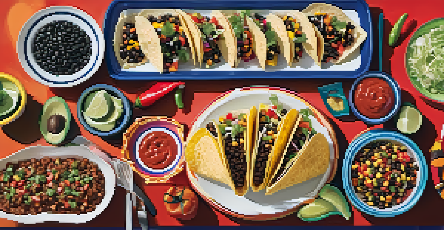 An overhead view of a taco bar with colorful bowls of ingredients and toppings for a festive taco night.