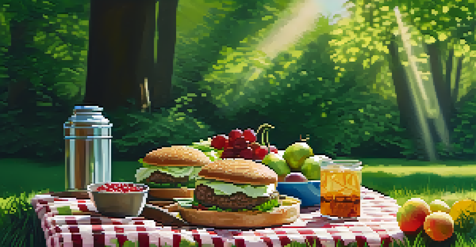 An outdoor picnic scene with a checkered blanket, plant-based foods, and sunlight filtering through trees in a green park.