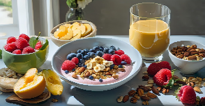 A breakfast table with smoothie bowls topped with colorful fruits, nuts, and granola, illuminated by natural morning light.