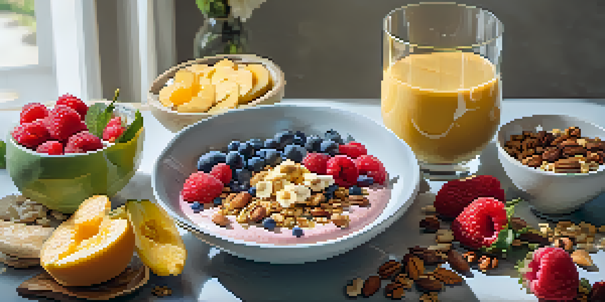 A breakfast table with smoothie bowls topped with colorful fruits, nuts, and granola, illuminated by natural morning light.