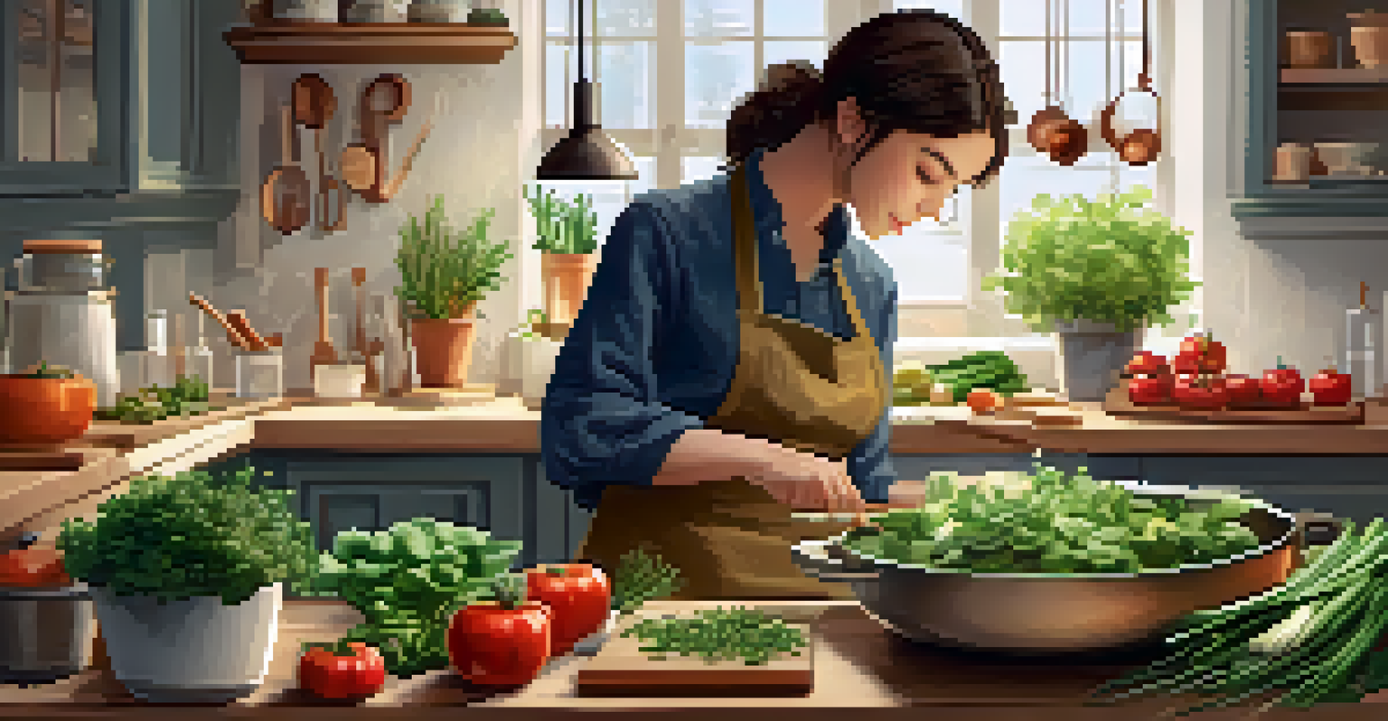 A person cooking in a cozy kitchen, surrounded by fresh produce and herbs, focused on preparing a plant-based recipe.