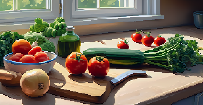 A kitchen countertop filled with fresh seasonal vegetables, a knife, and an open recipe book, illuminated by warm sunlight.