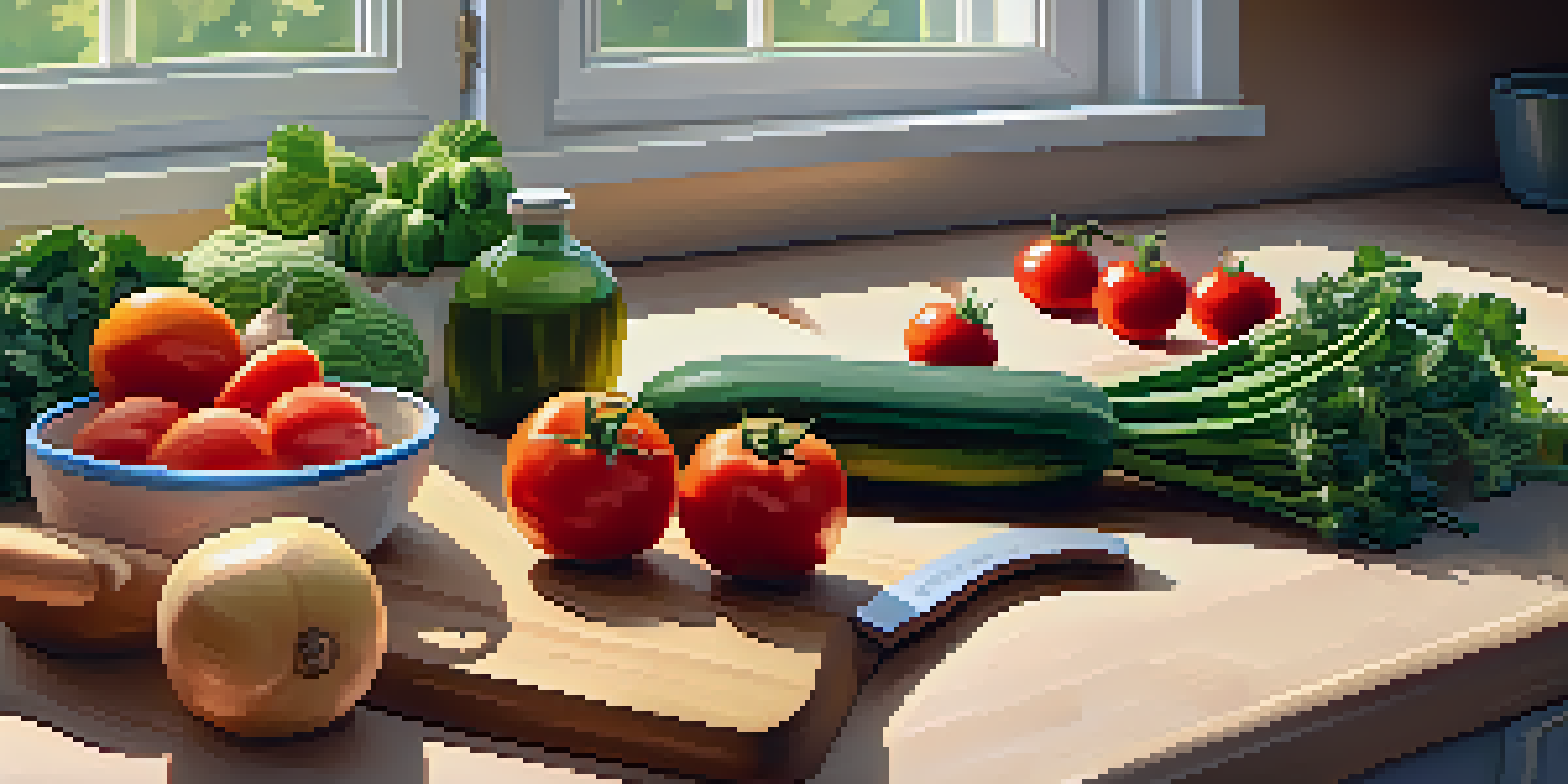 A kitchen countertop filled with fresh seasonal vegetables, a knife, and an open recipe book, illuminated by warm sunlight.
