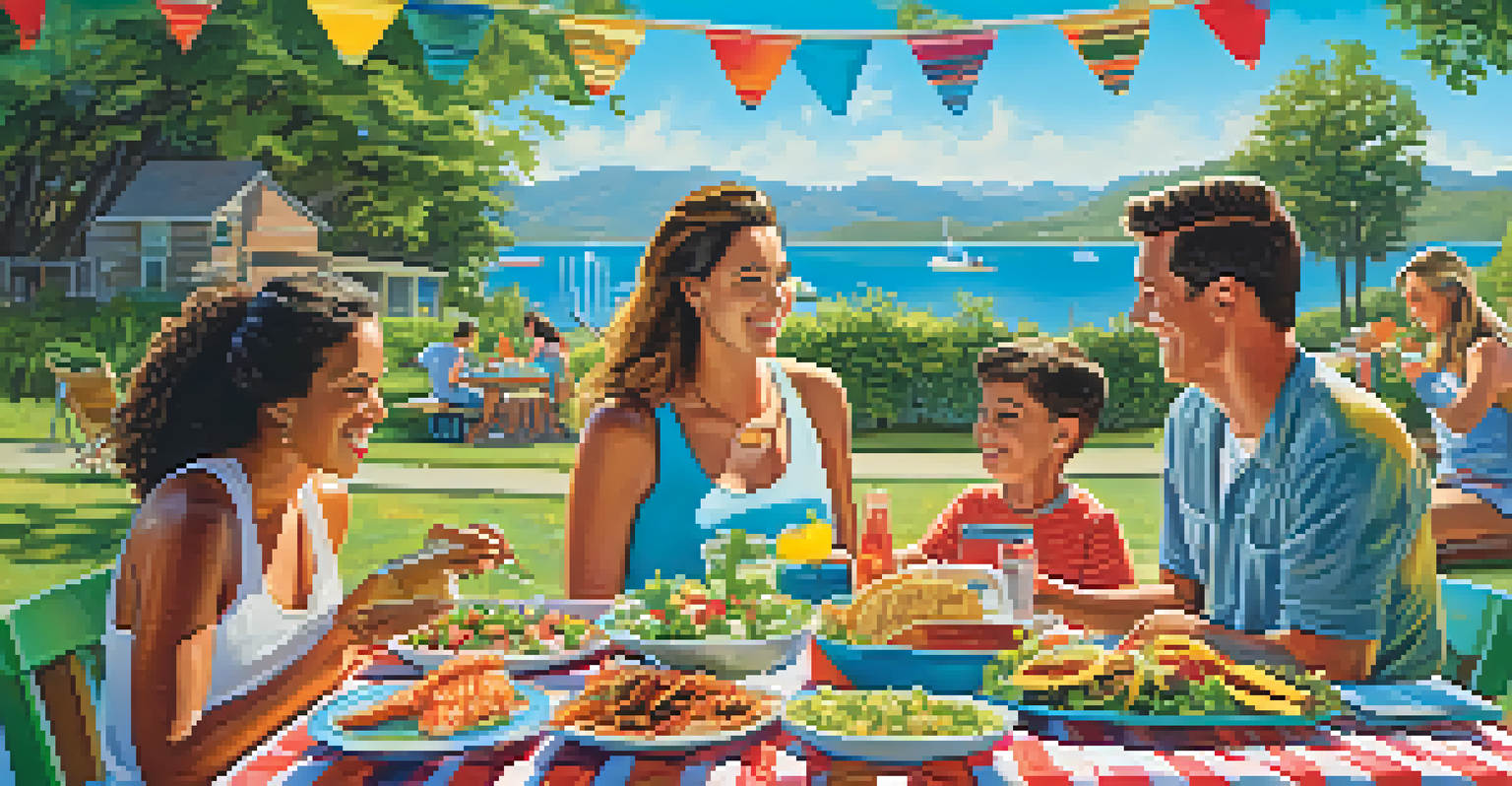 A family enjoying a seafood barbecue outdoors with fish tacos and fresh salads on a picnic table.