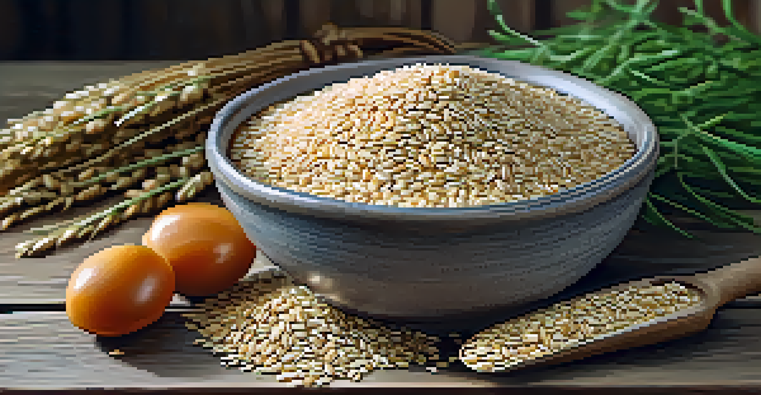 A close-up of a bowl with organic grains like quinoa and brown rice, surrounded by fresh herbs.