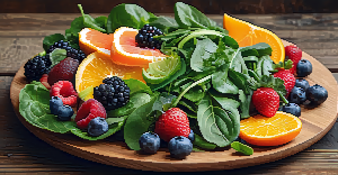 A colorful plate of fresh, plant-based foods including leafy greens, berries, and citrus fruits on a rustic wooden table.