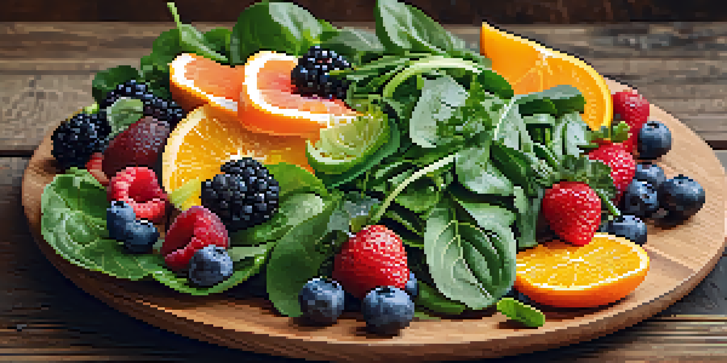 A colorful plate of fresh, plant-based foods including leafy greens, berries, and citrus fruits on a rustic wooden table.