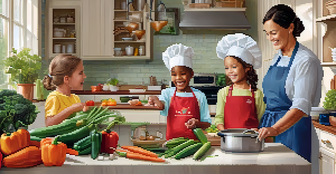 A family joyfully cooking together in a colorful kitchen filled with fresh vegetables and warm lighting.