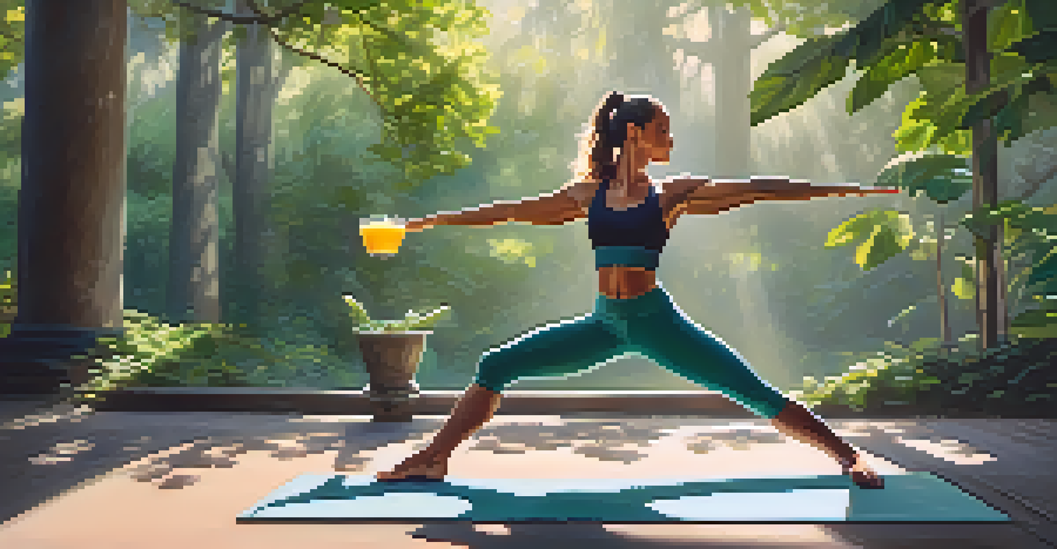 A focused athlete practicing yoga outdoors amidst greenery, with a smoothie bowl filled with vibrant fruits beside them, illuminated by sunlight filtering through the trees.