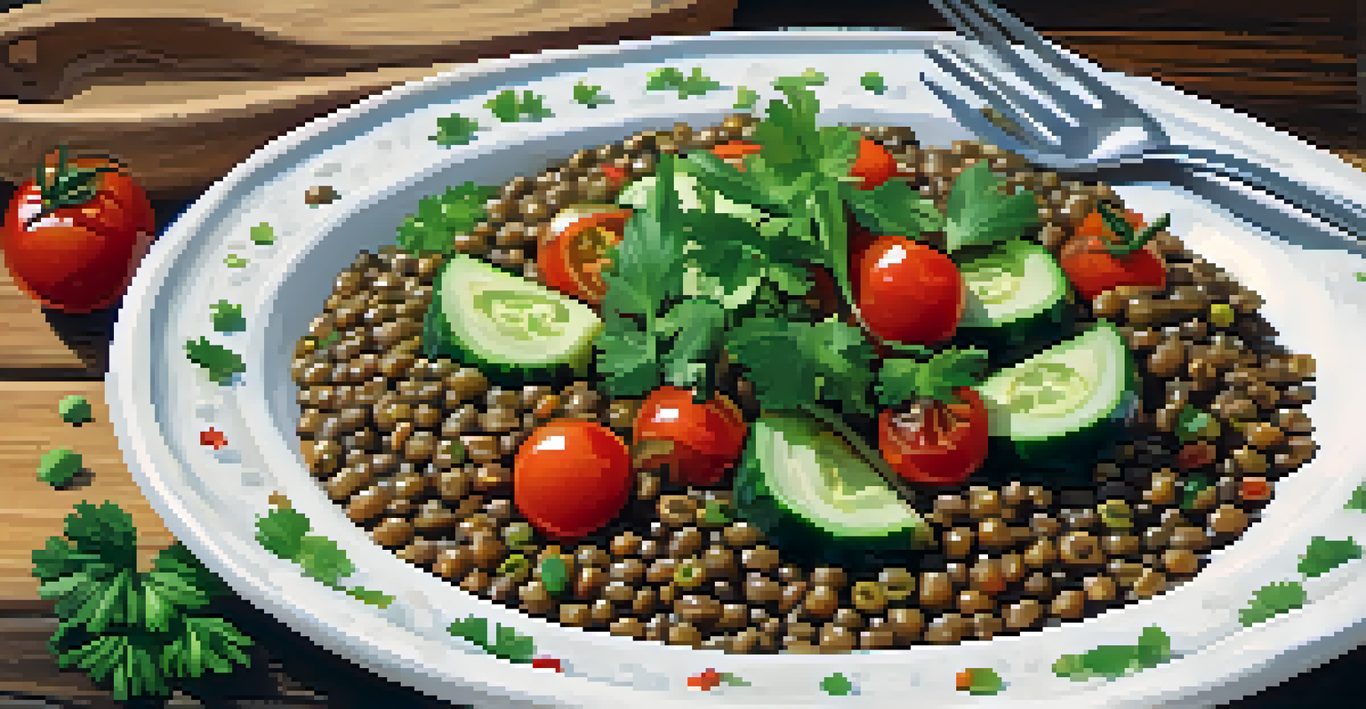 A close-up of a bowl of lentils mixed with vegetables, garnished with parsley, on a rustic wooden table, accompanied by a glass of water.