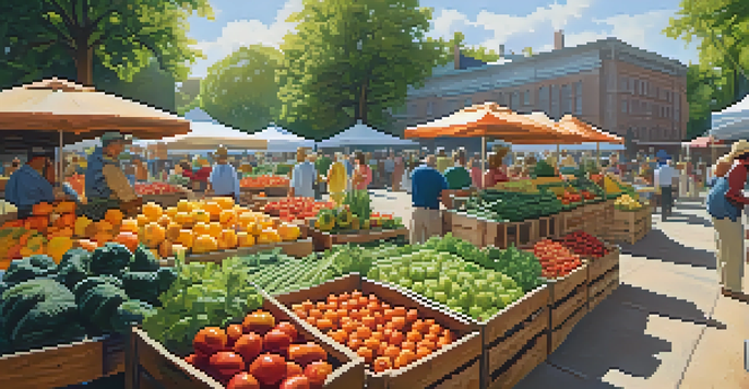 A lively farmer's market filled with colorful organic fruits and vegetables in wooden crates under sunlight.