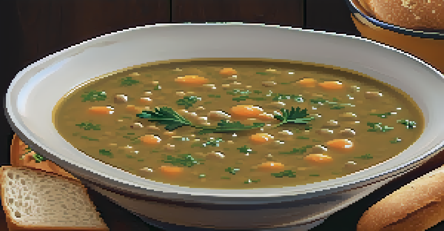 A bowl of lentil soup with parsley and whole grain bread on the side, in a cozy kitchen setting.