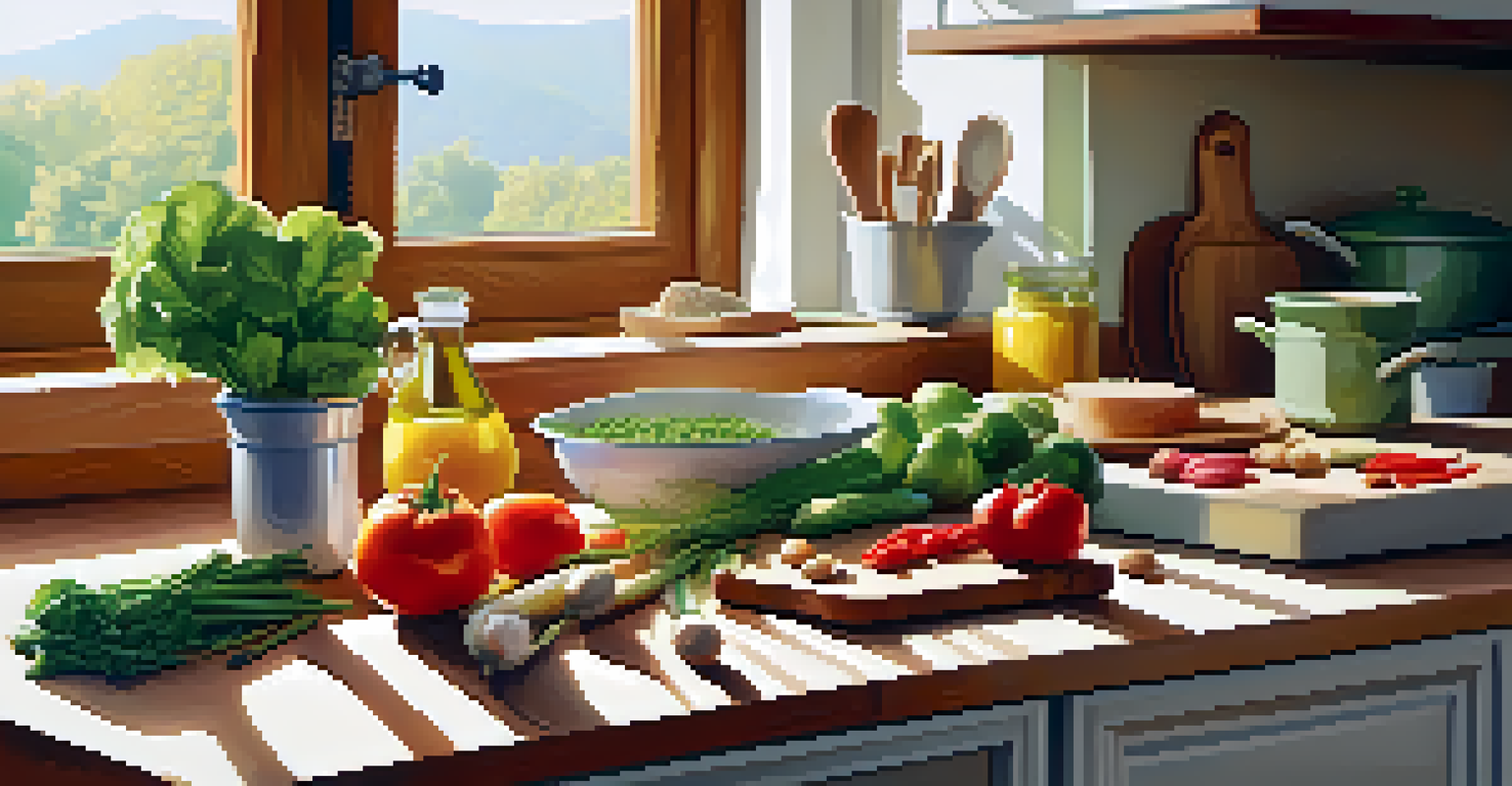 A kitchen countertop filled with organic vegetables and grains, illuminated by soft natural light, creating a warm cooking atmosphere.