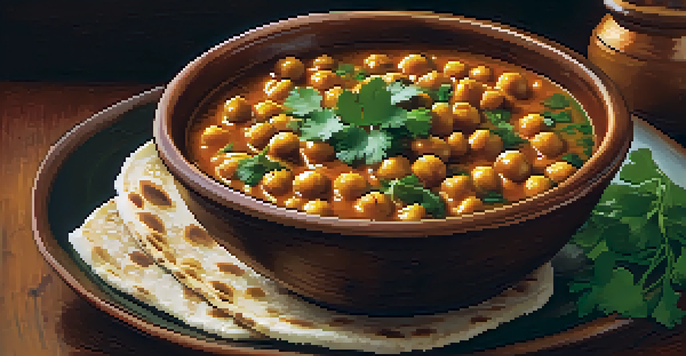 A bowl of chickpea curry garnished with cilantro, alongside naan and rice on a wooden table.