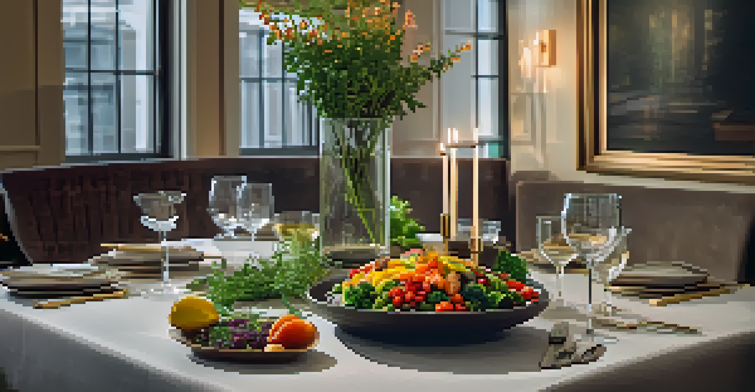 A dining table elegantly set with a beautifully plated plant-based dish and soft candlelight, creating a warm atmosphere.