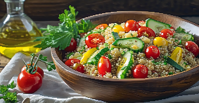 A colorful Mediterranean quinoa salad with cherry tomatoes and cucumbers, drizzled with olive oil, placed in a wooden bowl with herbs on top and bright sunlight in the background.
