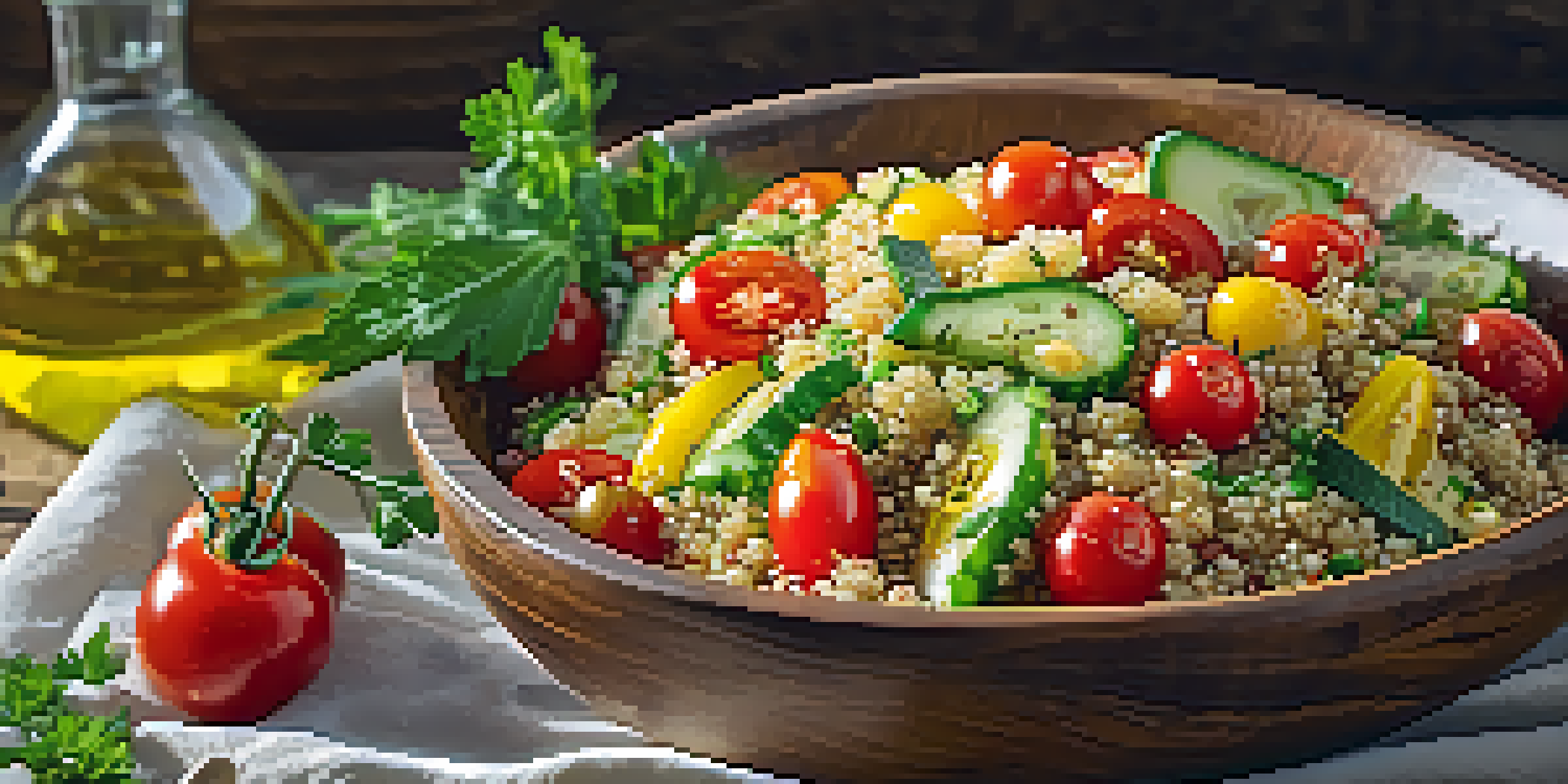 A colorful Mediterranean quinoa salad with cherry tomatoes and cucumbers, drizzled with olive oil, placed in a wooden bowl with herbs on top and bright sunlight in the background.