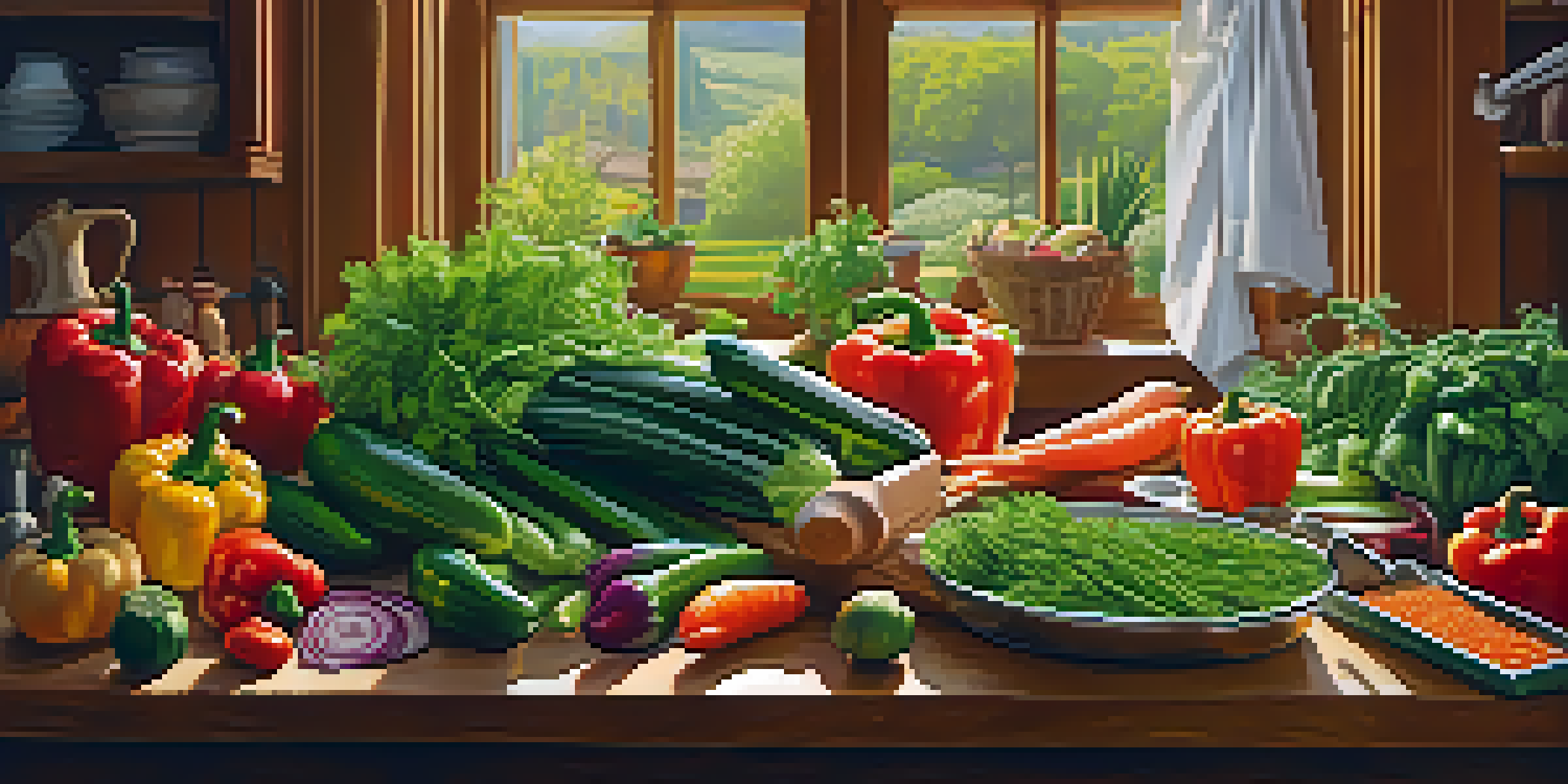 A sunny kitchen with a wooden table filled with fresh vegetables and a chef chopping herbs.