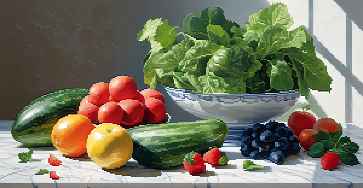 A bowl filled with fresh fruits and vegetables like cucumbers, watermelon, and leafy greens on a white marble countertop, with a bright and airy background.