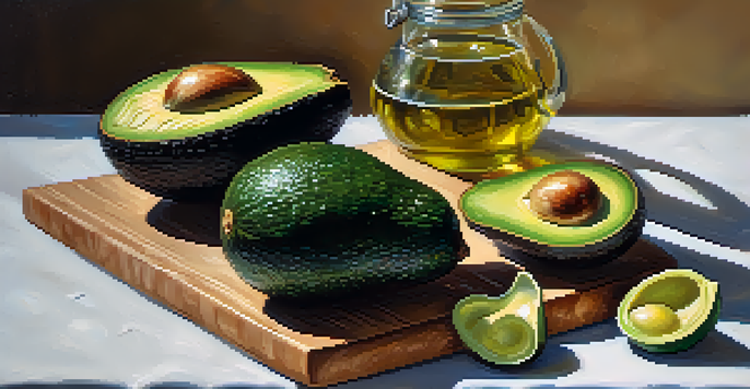 A still life featuring fresh avocados on a wooden cutting board, with one halved and surrounded by sea salt and a small bowl of olive oil, illuminated by natural light.
