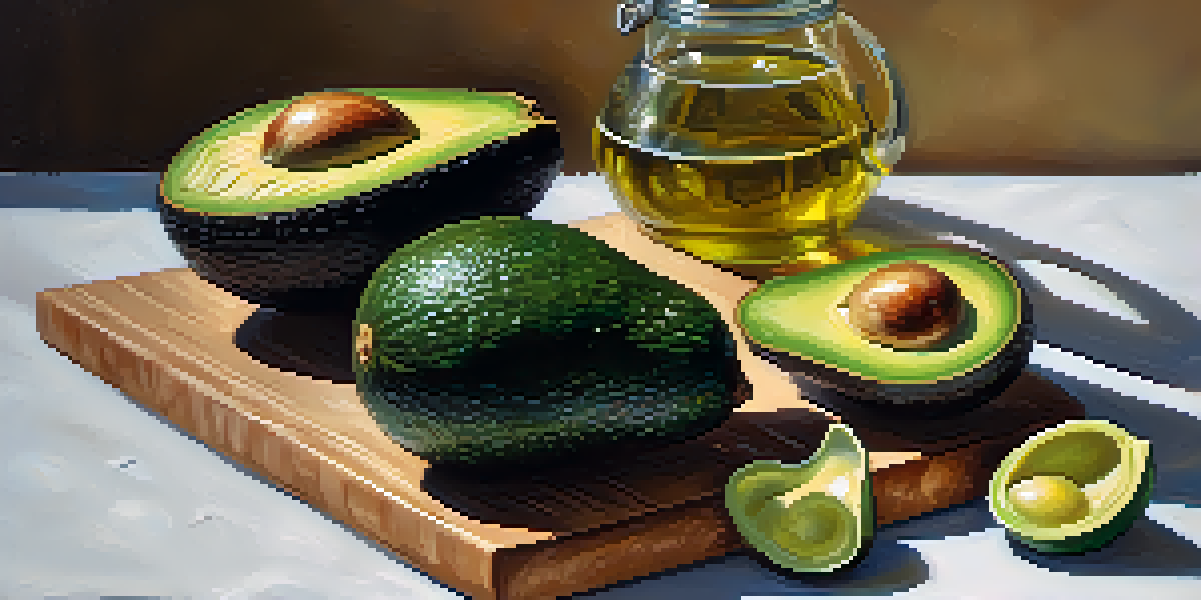 A still life featuring fresh avocados on a wooden cutting board, with one halved and surrounded by sea salt and a small bowl of olive oil, illuminated by natural light.