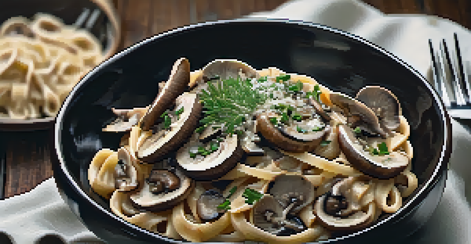 A bowl of creamy mushroom fettuccine with various mushrooms and Parmesan cheese on a dark wooden surface.