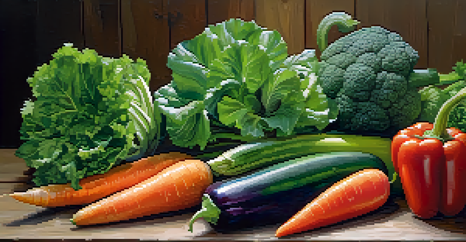 A close-up view of fresh, colorful vegetables on a wooden table, glistening with water droplets.