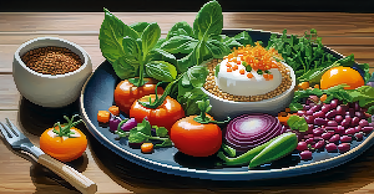 A beautifully plated plant-based meal with vibrant vegetables and grains, showcasing healthy eating.