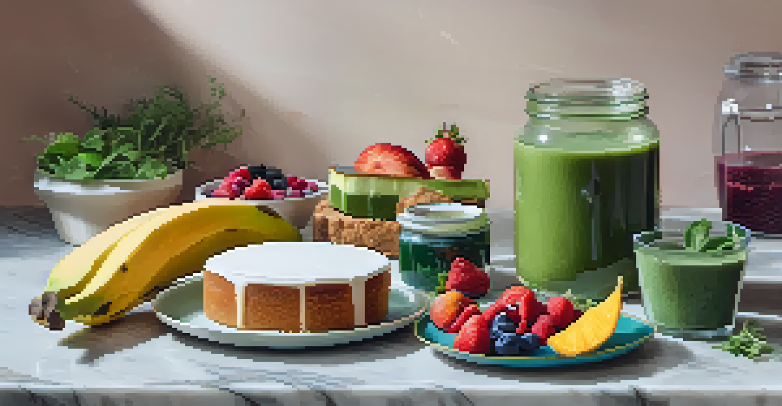 A colorful display of smoothies and baked goods featuring plant-based sweeteners, surrounded by fresh fruits and herbs on a marble countertop.