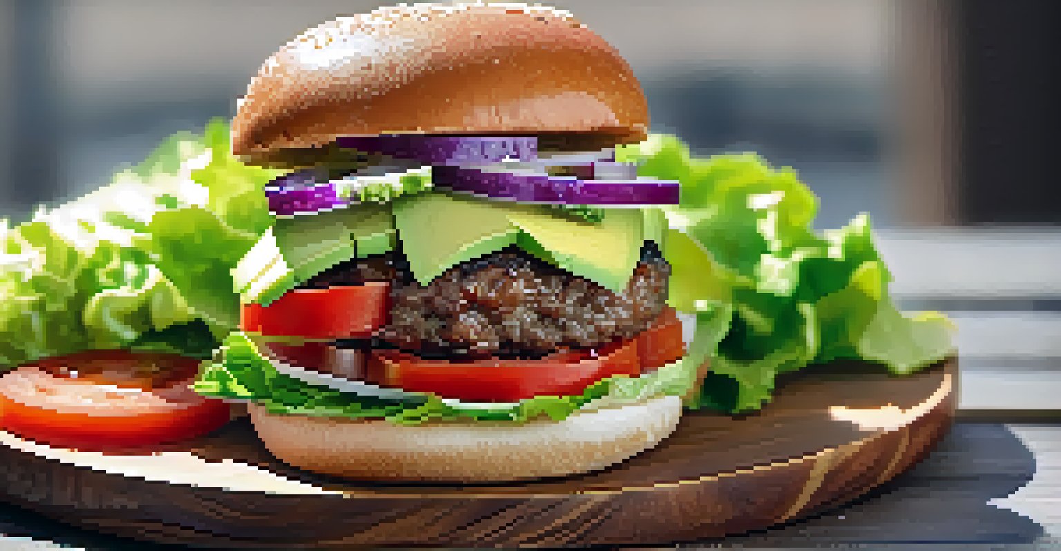 A close-up view of a gourmet plant-based burger with fresh toppings and a side of sweet potato fries, presented on a wooden plate.