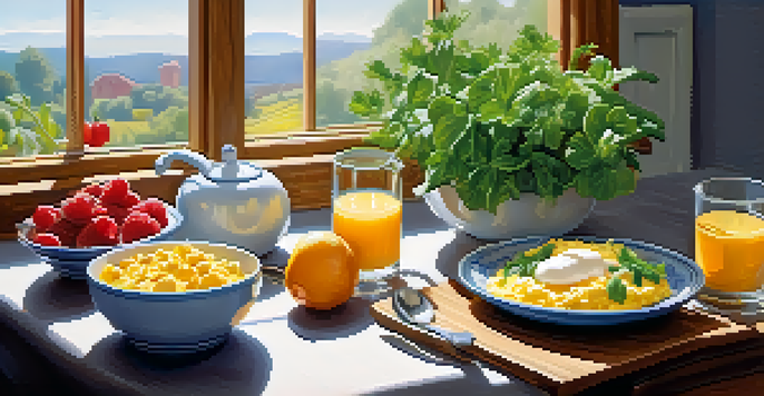 A bright kitchen scene with a plate of scrambled eggs, a bowl of yogurt with berries, and a glass of almond milk on a wooden table illuminated by morning light.