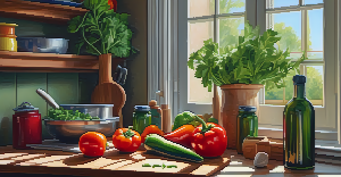 A bright kitchen countertop filled with fresh vegetables, a knife, and cutting board, illuminated by natural light from a window.