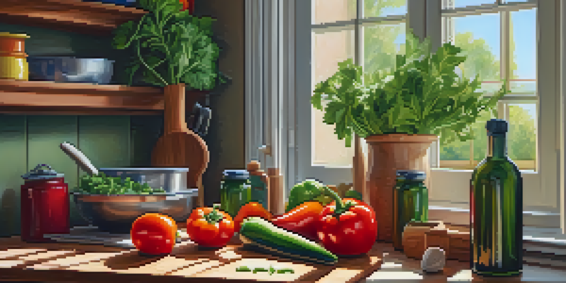 A bright kitchen countertop filled with fresh vegetables, a knife, and cutting board, illuminated by natural light from a window.