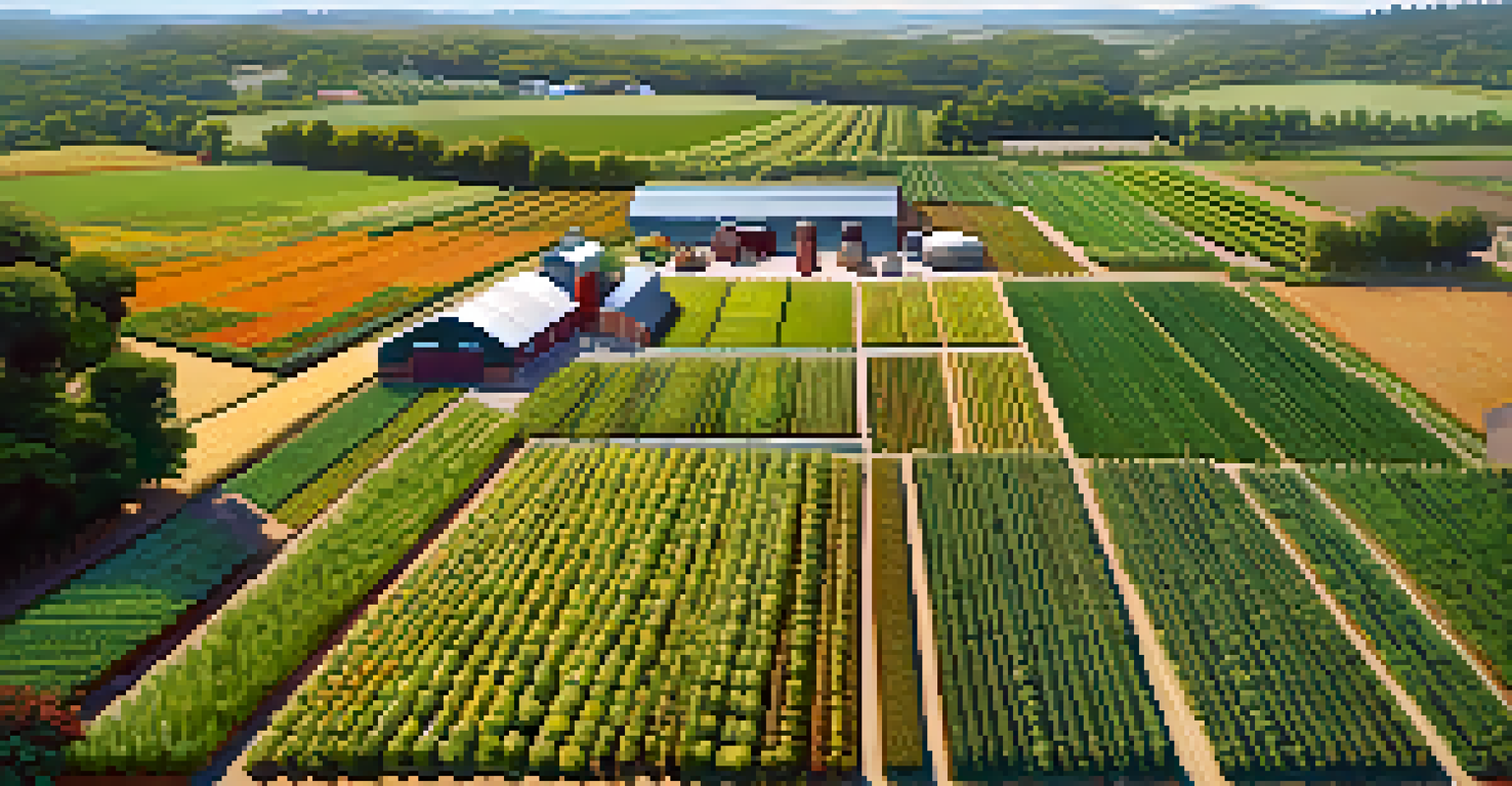 An aerial view of a diverse farm with various crops organized in neat rows under a clear blue sky.