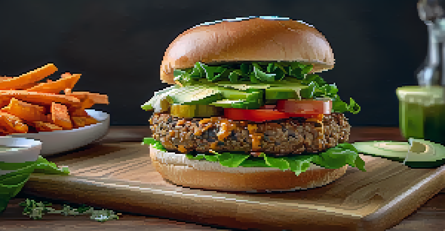 A homemade veggie burger on a whole-grain bun with lettuce, tomato, and avocado, served with sweet potato fries on a wooden cutting board.