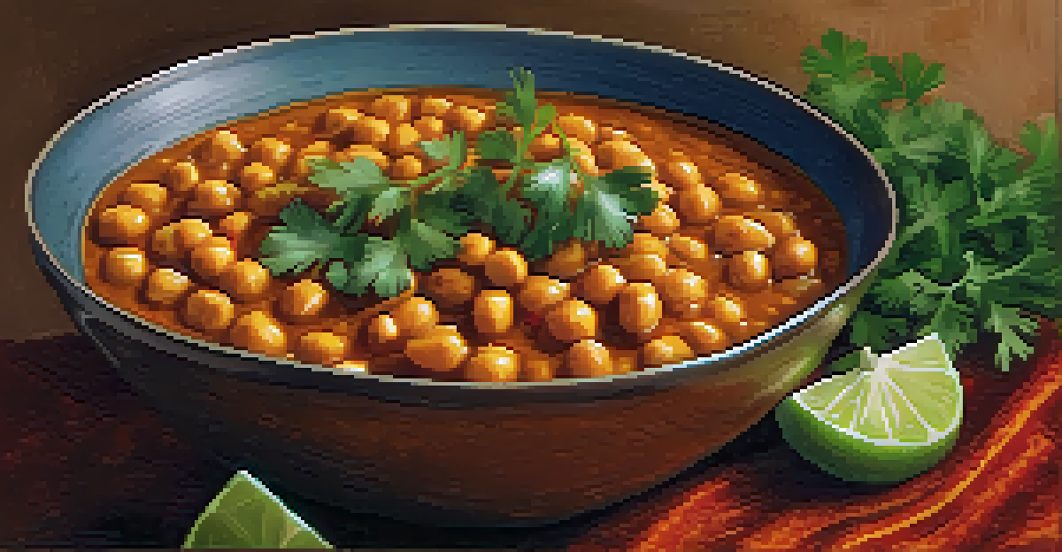 A close-up of a flavorful chickpea curry in a rustic bowl, topped with fresh cilantro and lime on a textured cloth.