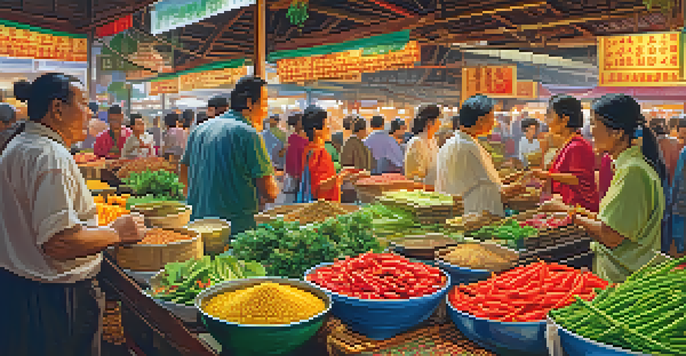 A bustling Asian market with colorful stalls filled with fresh vegetables, spices, and people interacting.