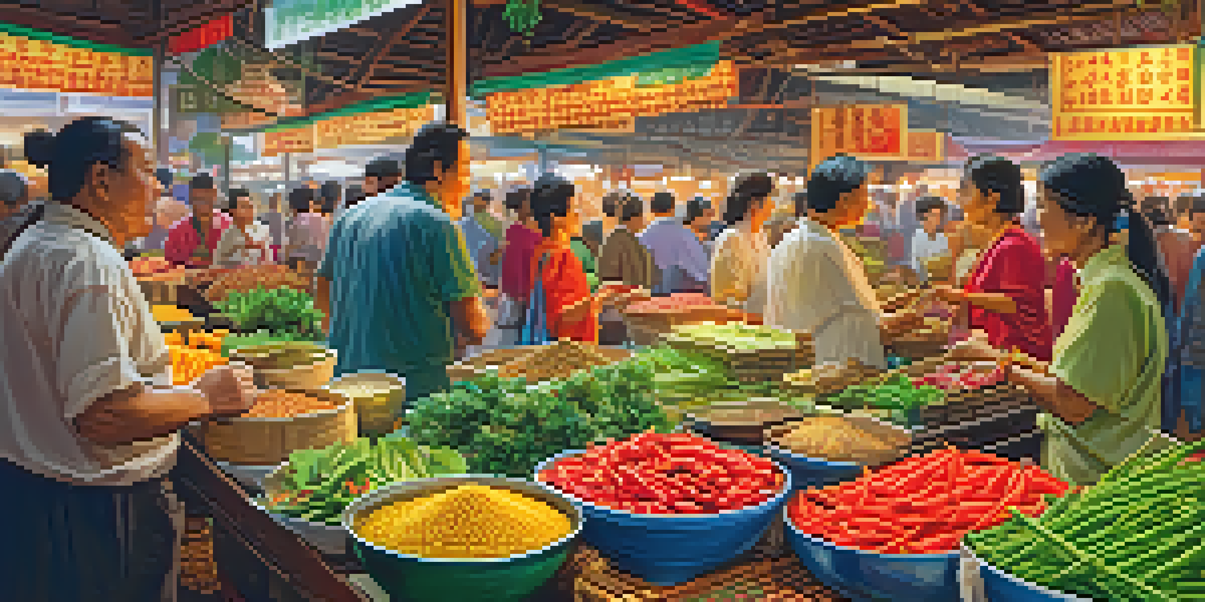 A bustling Asian market with colorful stalls filled with fresh vegetables, spices, and people interacting.