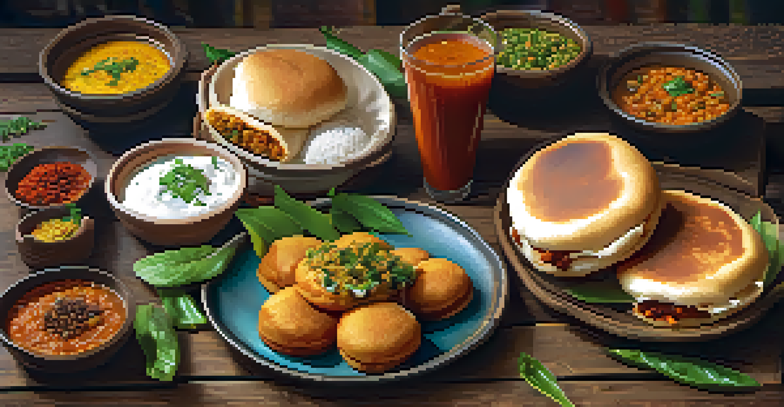 A colorful plate of vegetarian street food from Mumbai, including vada pav and dosas, arranged on a rustic table with spices and herbs.